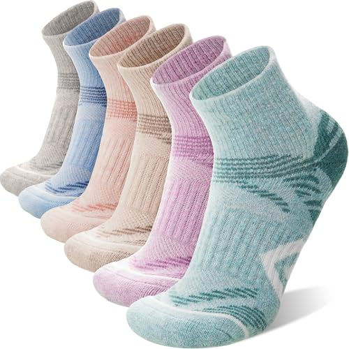 ANTSANG 6 Pairs Merino Wool Quarter Ankle Hiking Running Socks Compression Thermal Thick Cushion Socks for Women Men(Light Color Combination,L)