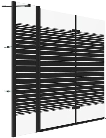 YAKE Mampara de ducha con diseño de rayas negras para bañera, 150 x 140 cm, 3 piezas, mampara plegable de 5 mm de vidrio de seguridad ESG con revestimiento Nano