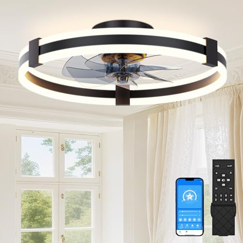SUNKENET Ceiling Fan with Light with Remote, Ceiling Fan Light, 50cm Black | 6 Speeds Fan Lights Ceiling for Bedroom,Quiet Light Fan Ceiling,3000K-6500K Dimmable Smart Modern LED Ceiling Fan with Lights