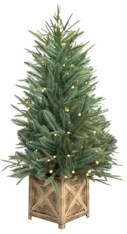 CHARLES BENTLEY Luxury Indoor Outdoor 4ft Pre-Lit Faux Christmas Tree in Box Planter, 122cm, Warm White LED Lights, Artificial Tree, Wooden-Effect Pot, Indoor & Outdoor Use, Realistic Green Branches