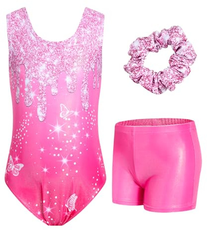 JiAmy - Ensemble de justaucorps de gymnastique pour filles avec shorts, 3 pièces - Tenue athlétique pour enfants - Tenue de danse de ballet sans manches pour enfants de 3 à 12 ans, 11-12 ans