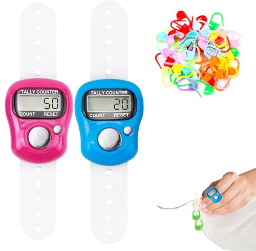 2Pieces Knitting con 50 Markers Crochet Colourful for Sports Counting Cargo | Row Finger Counter Electronic Digital Display Stitch Counter Closure Clip Hand Clicker Counters Sewing Accessories for Golf