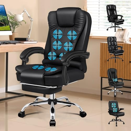 ALFORDSON Kontorsstol med massagefunktion, ergonomisk design med stor sittstoppning, ländryggsstöd, hjul, för smidig rörlighet på kontoret, svart