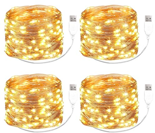 Kaleora 4 Stück LED Lichterkette mit USB, 5M 50 LED Warmweiß Kupferdraht Lichterkette mit Stecker, Micro Draht Lichterketten für Weihnachten Halloween Hochzeit Innen Party Deko
