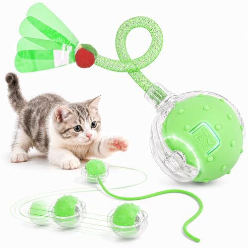 EXTFANS Interaktives Katzenspielzeug, Katzenball Elektrisch mit 2 Schnüren | Kein Drehen an Ort und Stelle, 360° Bewegung, Leise & USB-C Wiederaufladbar, Automatisches Katzenspielzeug
