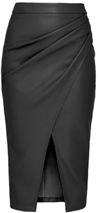 seiveini Jupe en Cuir Femme Longue Élégant Jupes Midi Moulante Crayon en PU avec Fendue Asymétrique pour Fête Club Travail A Noir XL