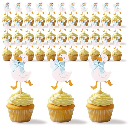 36uds Adornos para Cupcakes de Ganso, Lindo Adorno Pastel de Ganso con Lazo Azul Decoraciones para Fiestas Baby Shower y Cumpleaños Niños Niñas