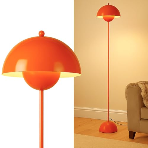 Alpinaluz Lampadaire en Acier avec Abat-jour Bombé – Style Scandinave et Rétro – Éclairage Indirect vers le Bas – Douille E27 – Interrupteur au Pied – Pour Salon ou Chambre (Orange)