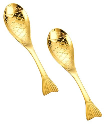 Angoily 2Pcs 304 Stainless Steel Fish-Shaped Kitchen Spoons Set, Large Golden Cartoon Mixing and Dinner Spoons for Home Tableware
