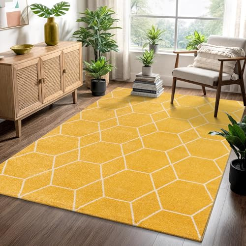 SANAT Wohnzimmerteppich – Pflegeleicht, für jeden Raum geeignet – Öko-Tex zertifizierter Flächenteppich – Trellis Muster, Gelb, 120 x 170 cm