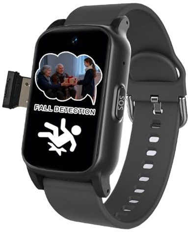 VCYEX Montre Connectée Senior Dispositifs D'alerte De Chute pour Personnes Âgées Bouton SOS d'urgence Et Appel Vidéo HD Suivi GPS pour AlzheimerBlack,1.25 * 0.57 * 2.22inch