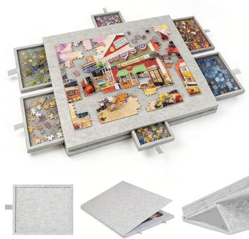 Tavolo puzzle da 1000 pezzi, tavola puzzle portatile con 6 cassetti, custodia leggera in feltro, portaoggetti portatile per 1000 pezzi, tavolo puzzle inclinabile, per adulti e bambini (grigio)