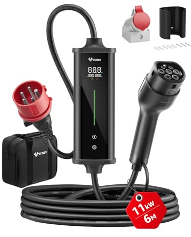GONEO 11 kW typ 2 EV-laddare, 3-fas 16 A, CEE-kontakt (6–16 A, justerbar), 6 m bärbar laddkabel, mobil vägglåda med LCD-skärm, timer och IP66 för elbil