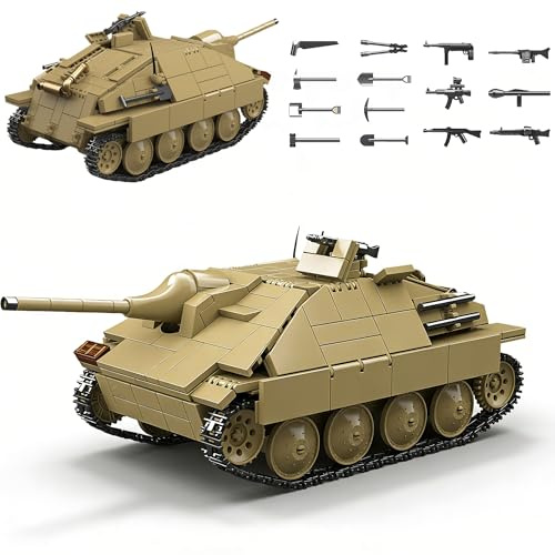 Ebortsin Technik WW2 Klemmbausteine Panzer Set, WW2 Jagdpanzer 38(t) Hetzer Panzer Bausteine Set mit 3 Minifiguren Spielzeug, Militär Bausteine Heim Büro Dekor Geschenk (702 Teile)