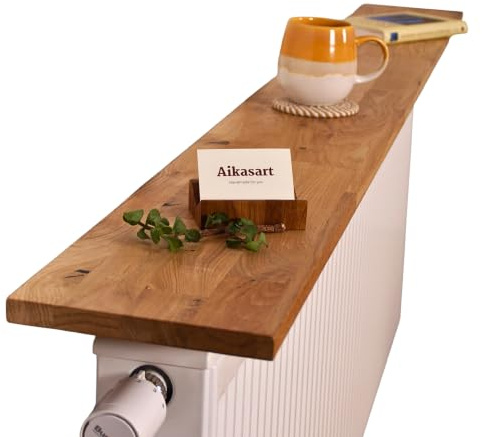 Aikas Art Heizungsregal Eiche Massiv – Ohne Bohren – Individuelle Länge 30-190 cm – Zum Aufstecken – Handgefertigte Ablage für Heizkörperverkleidung (Steckklemme für Plattenheizkörper, 70x20 cm)