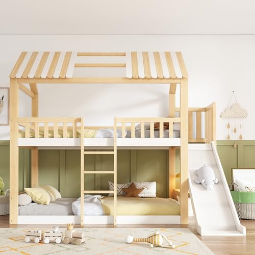NNJN Letto a castello per bambini, 90 x 200 cm, con tetto a capanna bianco e naturale, letto a soppalco con ripiano e scivolo da 35 cm, ascesa sicura, ideale per famiglie con due bambini, EN 747
