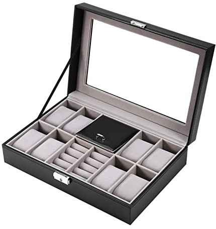 Caja para Relojes, 3 en 1 Almacenamiento de Anillos y Collares Reloj Caja, Estuche para Relojes Multifuncional 8 + 2 Grids Guarda Relojes, Estuche de Joyeria Organizadora y Exhibición (Negro)