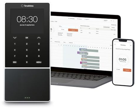 TimeMoto TM-818 SC Cloud-basiertes Zeiterfassungsgerät, kombinierbar mit kontaktlosen Smart Access Cards, RFID Badge/Schlüsselanhänger, PIN, bis zu 2.000 Benutzer, Terminplanung, Arbeitszeitberichte