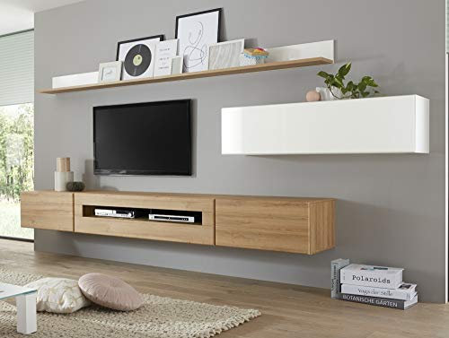 Beauty.Scouts Wohnkombination Roana IV weiß/Grandson Oak hell Dekor 340(280) x190x38-48cm Wohnzimmermöbel Wohnzimmerschrank Schrankwand TV-Schrank Fernsehschrank