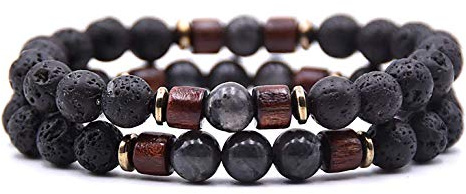 Leuchtbox Stylisches Glücks-Armband Kettchen für Männer und Frauen Unisex Natur Lavastein Vulkanstein Naturstein Holz-Perlen Elastisches Band 2er Set Anthrazit