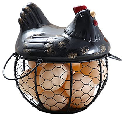 HELTER Cesta de almacenamiento de huevos de cerámica, 2 piezas, de alambre de metal, cesta de huevos para gallina, decoración de granja, cesta de hierro con forma de gallina