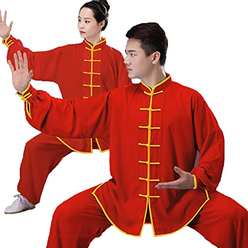 HFCY Tai Chi Uniforme Uomo Abbigliamento da Mattina per Esercizi Kung Fu E Arti Marziali Donna Abiti da Arti Marziali Wing Chun Tute da Ginnastica, Red 2-L