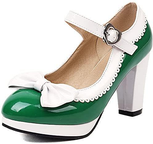 Cocey Mary-Jane-Schuhe mit Plateausohle für Damen Süße Pumps mit Blockabsatz (Grün, 43)