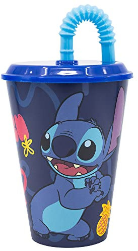 Bicchiere plastica per bambini Disney Stitch da 430 ml, senza BPA, riutilizzabile e lavabile, con cannuccia e coperchio