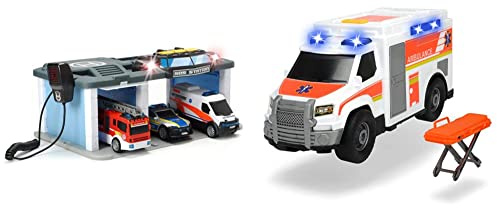 Dickie Toys - Rescue Center – Rettungsstation mit Funkgerät, Polizei, Krankenwagen, Feuerwehr & Medical Responder – 30 cm großer Rettungswagen mit Trage, Licht und Sound, Heckklappe zum Öffnen