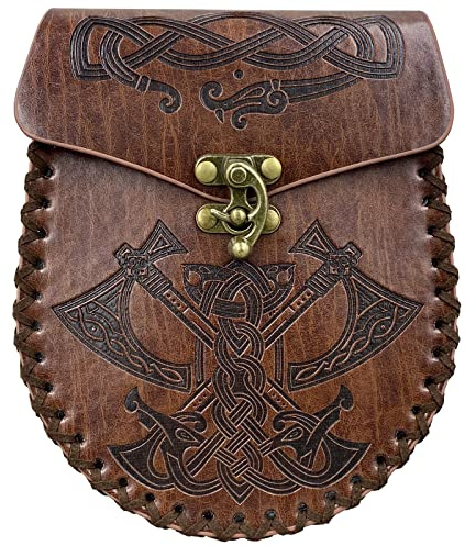 HiiFeuer Nordic Embossed Belt Bag, Retro Medieval Faux Leather Side Pack, Vintage Portable Belt Pouch for LARP Ren Faire