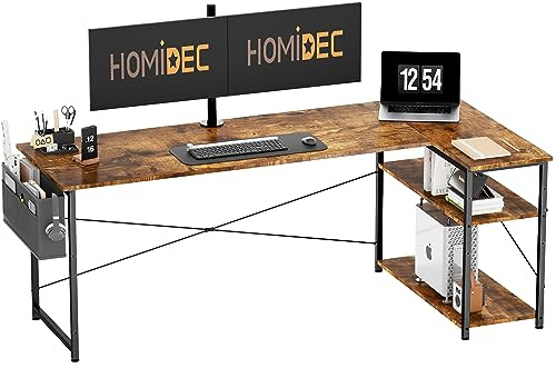 L Shaped Desk with Bookshelf Reversible and Storage Bag, Vintage 160×70cm | Corner Computer Table, Ergonomic Gamer Workstation & Home Office Study Desk, Large Desktop