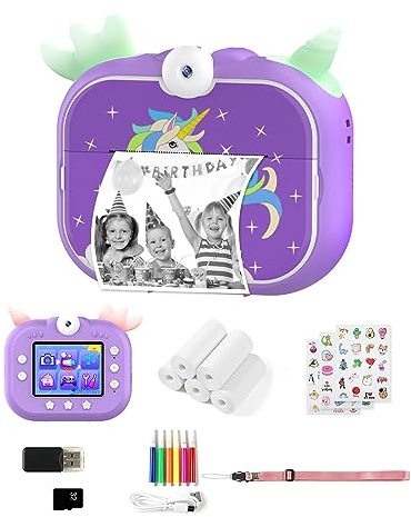 Gaaqii Appareil Photo Enfant, 1080P Double Objectif Appareil Photo Instantané Numérique avec Papier d'impression & Carte TF 32G, 2.4 Selfie Caméra Vidéo Cadeau pour Filles Garçons de 3-14 Ans –Violet