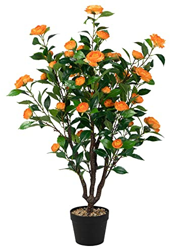 COSTWAY 102cm Artificial Camellia Trees, Faux Blooming Camellia Plant with 37 Flowers, Thick Trunks & Rain-Flower Pebbles, Fake Floral Plants in Cement Pots for Home Office Decor