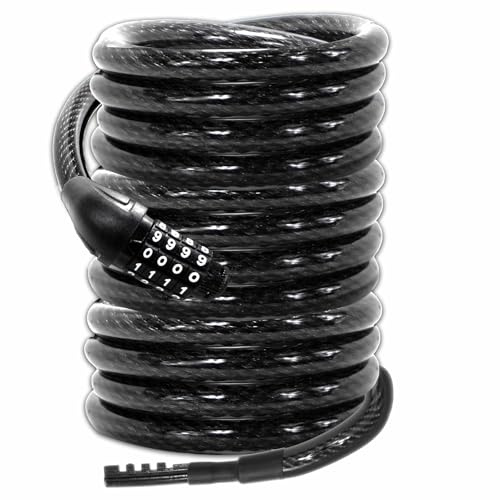 Lumintrail Long Coiled Bike Cable Lock 3/8 Inch 10ft (4, 6, 10, 15, 30ft), Weatherproof Locks for Kayak, Bike, Scooter, Outdoor Equipment, Resettable Combination Lock Anti Theft Protection