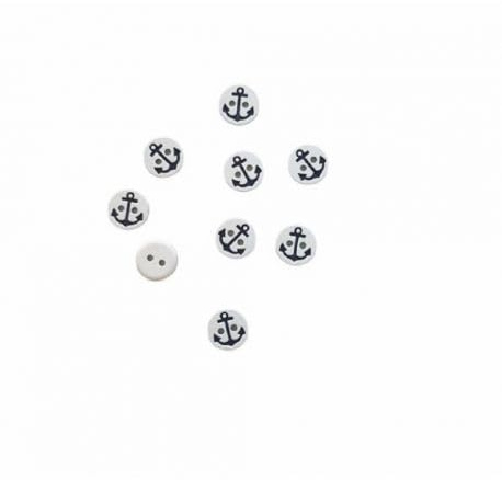 Lot de 9 - bouton ancre marine coloris noir fond blanc 13 mm plastique