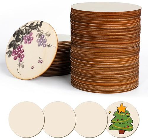 SOSMAR 52 Stück Holzscheiben 10cm Durchmesser Runde Holzplatten zum Basteln, Untersetzer Holz Sperrholzplatte für Brandmalerei, Laubsägen, Malen, Beschriften (Rund/10cm x 2mm)
