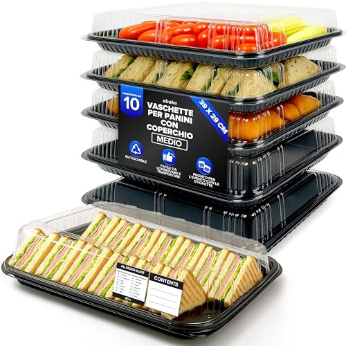 ebake 10er-Set Serviertabletts – 39 x 29 x 7,5 cm Servierplatte mit Deckel für buffet Zubehör Partys und Catering, Einweg Inklusive Sticker-Etiketten