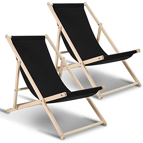 Hebitod Liegestuhl Holz Klappbar, 2 Ser Set, Verstellbar 120kg Belastbar, Sonnenliege für Strand, Camping, Balkon, Pool, Holzklappstuhl, Strandliege, Wetterfest Relaxliege, Strandstuhl, Schwarz