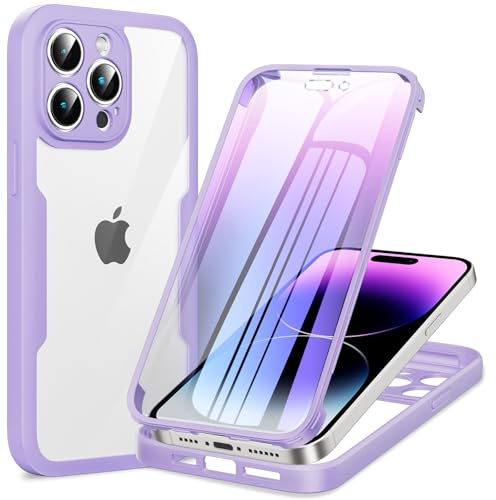 Phoona Cover per iPhone 14 Pro Max con Pellicola Protettiva Trasparente, Antiurto Silicone TPU Custodia 360 Gradi Full Body Protezione, AntiGraffio Robusta Portatile Cover per iPhone 14 Pro Max, Viola