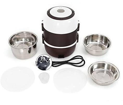 Loobiiny Cuocere riso portatile a vapore, contenitore elettrico per il pranzo, scalda cibo, scalda cibo elettrico, contenitore per il pranzo, 3 strati, 2 l, in acciaio inox