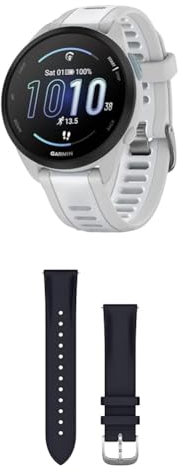 Garmin Forerunner 165, Easy to Use Lightweight GPS Running Smartwatch, White & Quick Release Band (20 mm) - Navy Embossed with Silver