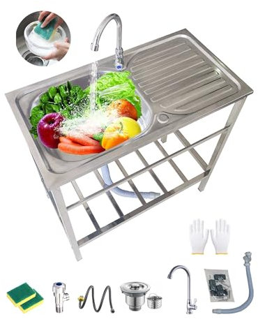 Catering Lavello In Acciaio Inox Lavello Cucina Commerciale 1 Vasca Lavatoio Da Esterno con Rubinetto 75x40xH75cm Cucina Professionale Lavandino Lavello Portatile per Ristorante Bar Garage Cortile