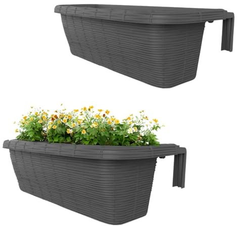 GarPet 2er Set Blumenkasten Balkongeländer Balkon Blumenkasten Balkonkasten mit Halterung Geländerkasten mit Wasserspeicher Rattan Optik Anthrazit 60 cm
