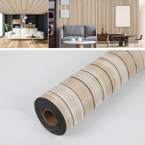 GDWD 3D Wood Effect Self Adhesive Wallpaper, 40cm x 3m Wooden Slats Wrap | Peel and Stick Design, Waterproof Faux Wood Panel, Wall Covering for Living Room Bedroom Furniture, Light Brown