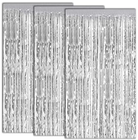 YYTOL Glitter Foil Fringe Curtain Backdrop, 3.2ft x 6.5ft Silver Foil Door Tinsel Curtain Backdrop Fringe Curtains Party Decorations for Birthday 3 Pcs