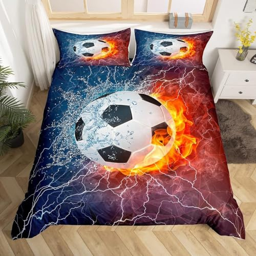Loussiesd Fußball-Bettbezug, 140 x 200 cm, Fußball, Sport, abstraktes Eis und Feuer, Kunst, Design, Jugendliche, Jungen, Teenager, cool, Marineblau, Dekoration, 2-teiliges Bettwäsche-Set