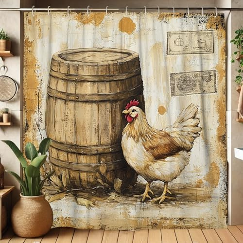 Duschvorhang mit Hühner-Motiv, rustikaler Bauernhaus-Stil mit Vintage-Fass-Design für Badezimmer-Dekor, Herbst-inspiriert, wasserdichter Stoff, Duschvorhang-Set mit Haken, 183 x 190 cm
