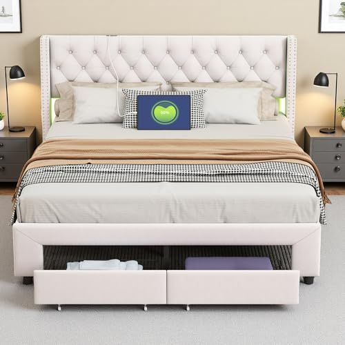 PerGar Sängklädselsäng 140 x 190 cm med sänggavel, dubbelsäng med 2 lådor förvaringsutrymme, säng med LED och USB, förvaringssäng ryggstöd säng ungdomssäng familjesäng, sammetstyg, beige