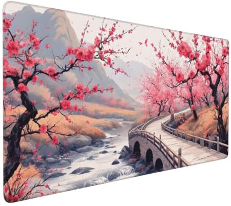 Tapis de Souris Japon Tapis Souris XXL 900 x 300 mm, Grand sous Main Bureau Gamer Fleurs de Cerisier Mouse Pad, avec Surface en Caoutchouc Antidérapant, Améliore la Précision et la Vitesse H-940