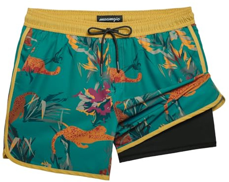 maamgic Maillot de Bain Homme Court Rétro Vintage Short avec Compression Culotte intérieure 2 en 1 Séchage Rapide 4 Way Stretch et Cordon de Serrage Ajustable,Léopard Fleur Rouge Jaune Vert Foncé,M
